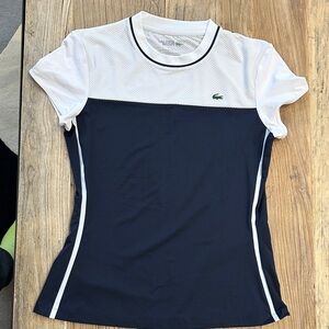 Lacoste Women's Short Sleeve stretch and meshed Top in Navy and White